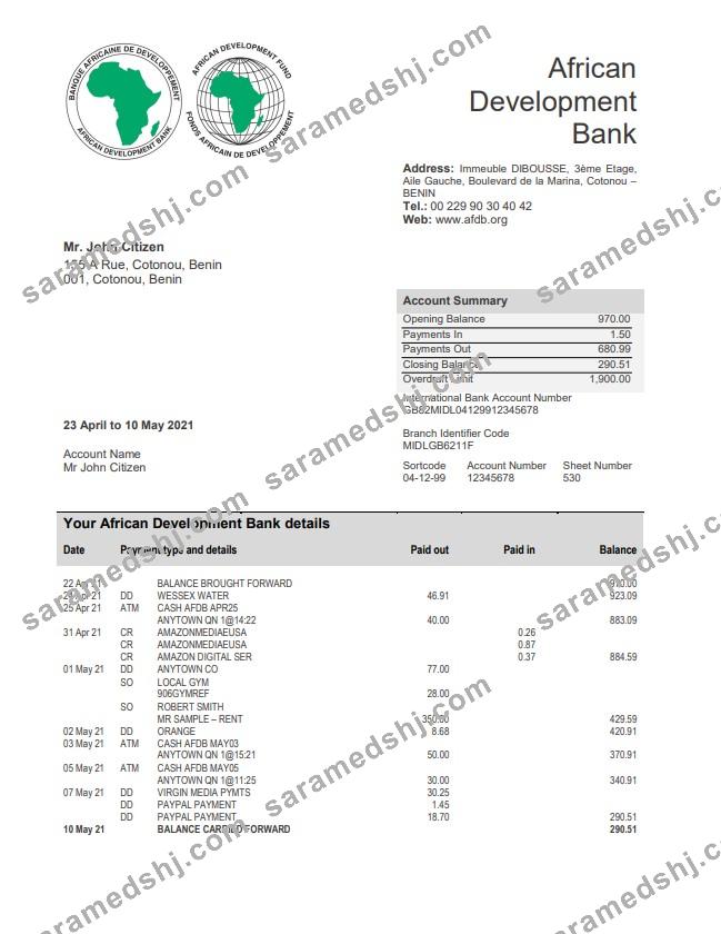 Benin African Development Bank statement